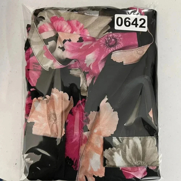 Calvin Klein Women L Black Pink Floral Button-Up Blouse Long Roll Tab Sleeve Top - Picture 16 of 16